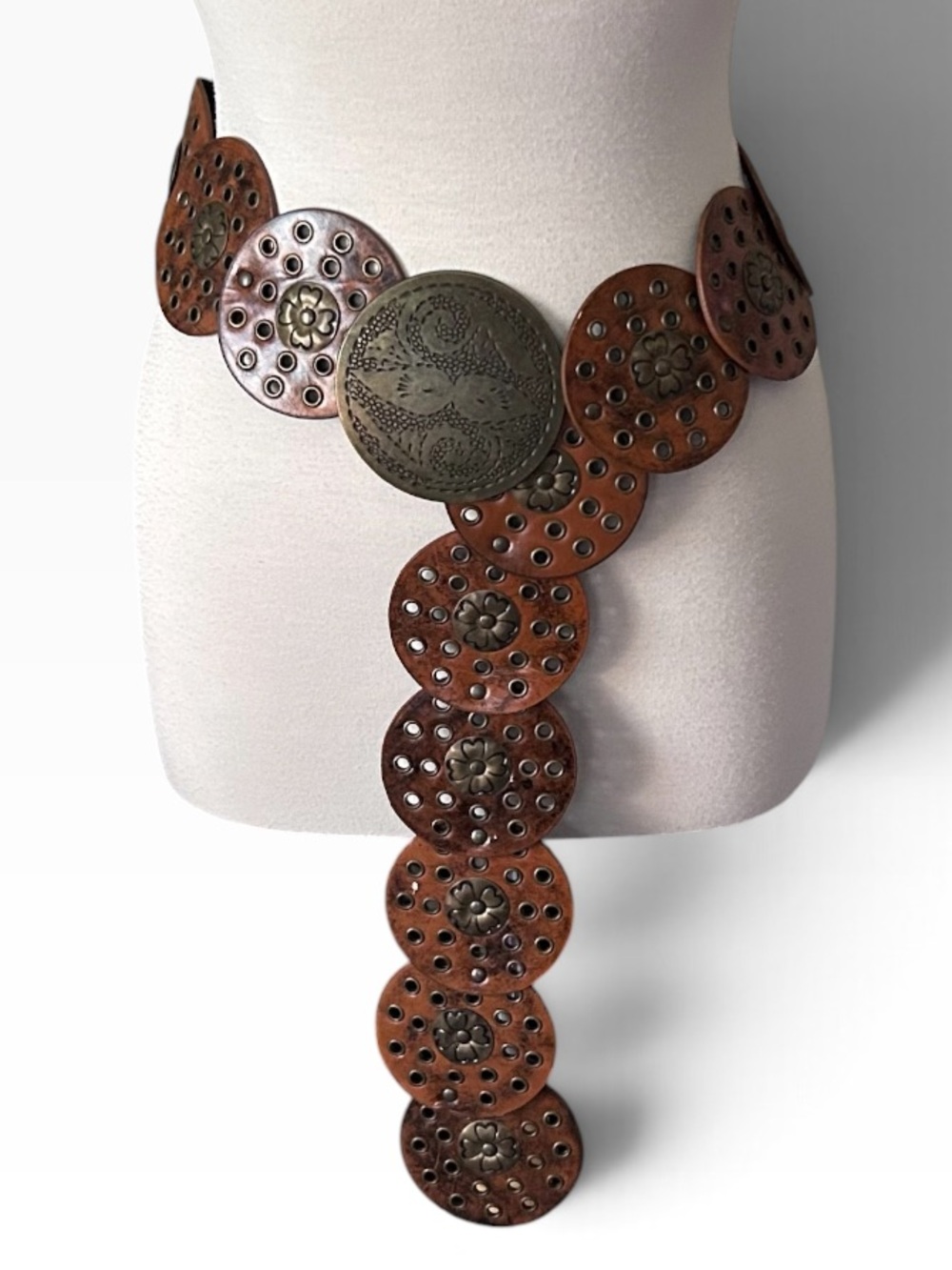 Bohemian Brown Vegan Leather Metal Disc Waist Belt